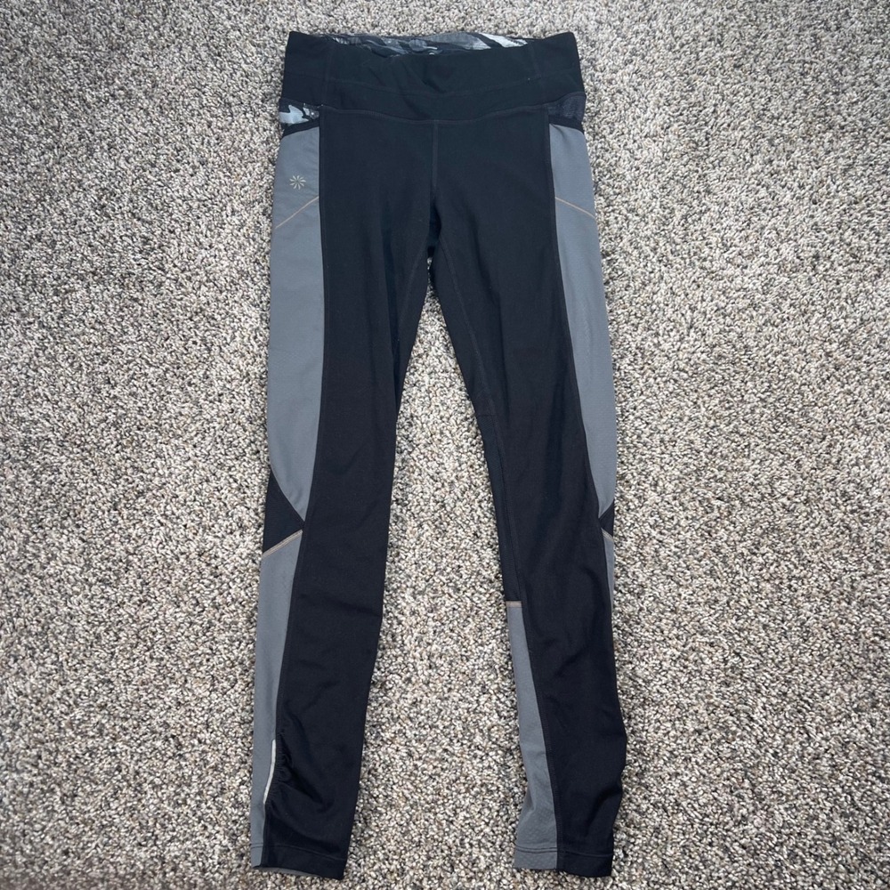 Athleta Womens XS Black Grey Colorblock Mesh Pocket Leggings Yoga Running Tights